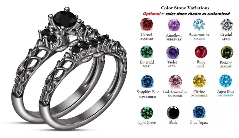 Bridal Ring Set — Round Cut Black Diamond, Black Rhodium Finish, 925 Sterling Silver (2-Piece)