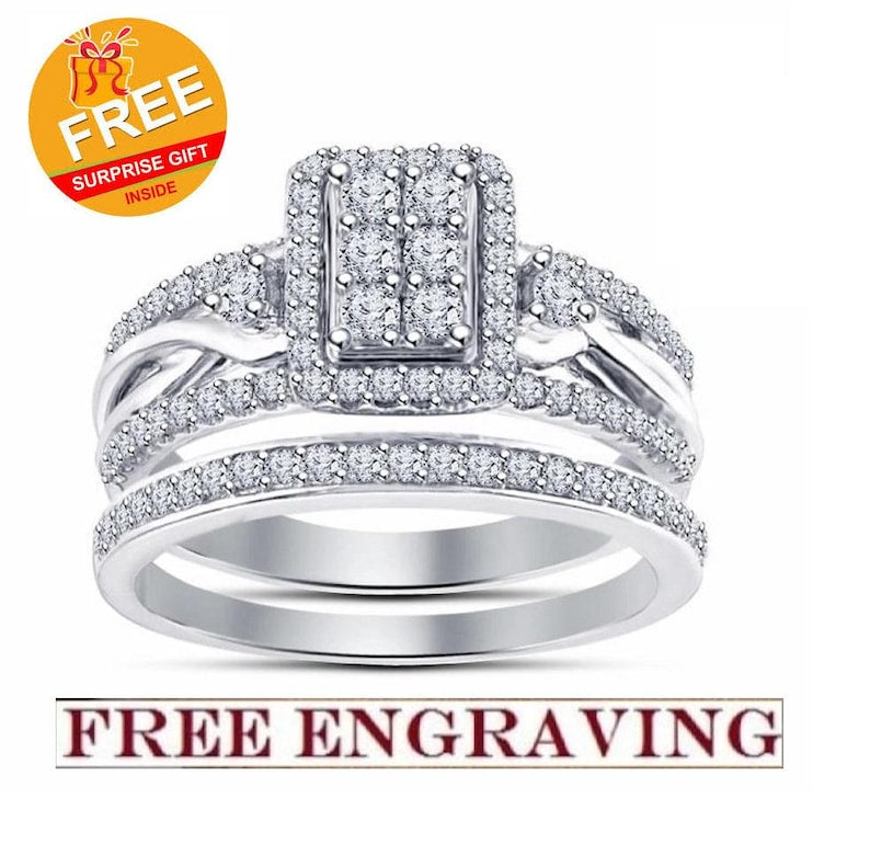 Bridal Ring Set — Round Cut Diamond, White Gold Finish, 925 Sterling Silver (2-Piece)
