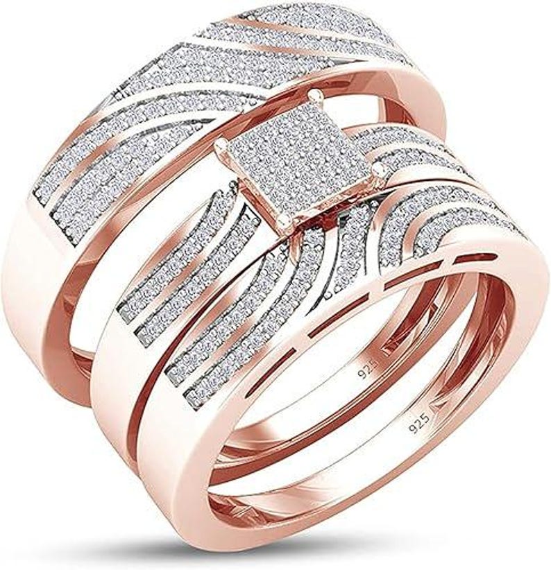 Bridal Trio Ring Set — 0.52 Ct Diamond Cluster, Yellow Gold Finish - view 4