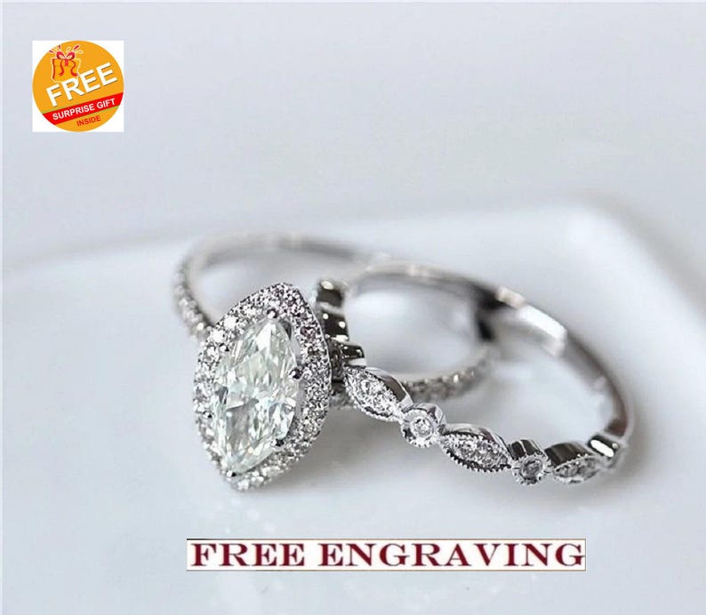 Bridal Ring Set — Marquise Halo Diamond, White Gold Finish, 925 Sterling Silver (2-Piece)
