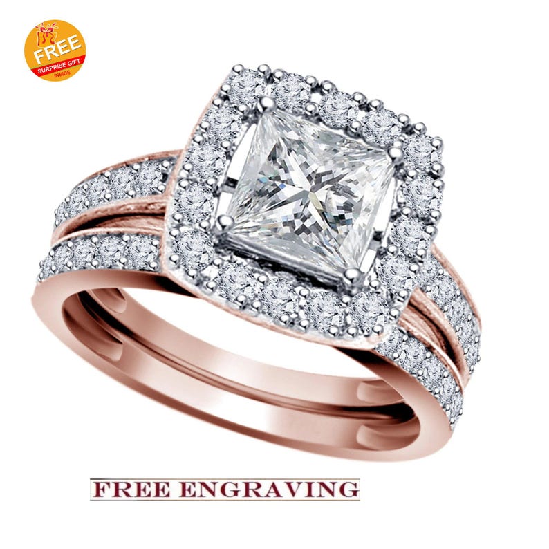 Bridal Ring Set — Vintage Princess Cut Moissanite, Rose Gold Finish, 925 Sterling Silver (2-Piece)