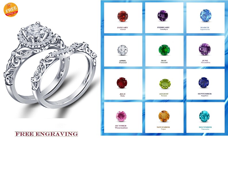 Bridal Ring Set — Round Cut Birthstone Crystal, Yellow Gold Finish, 925 Sterling Silver (2-Piece)