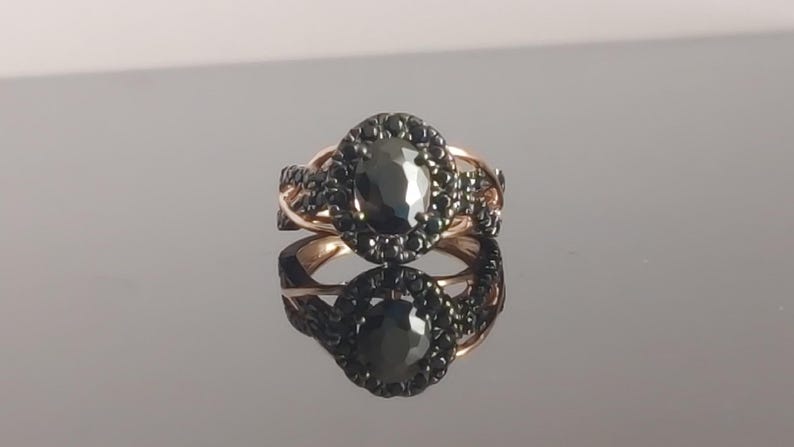 Bridal Ring Set — Oval Cut Black Diamond, Rose Gold Finish, 925 Sterling Silver (2-Piece)