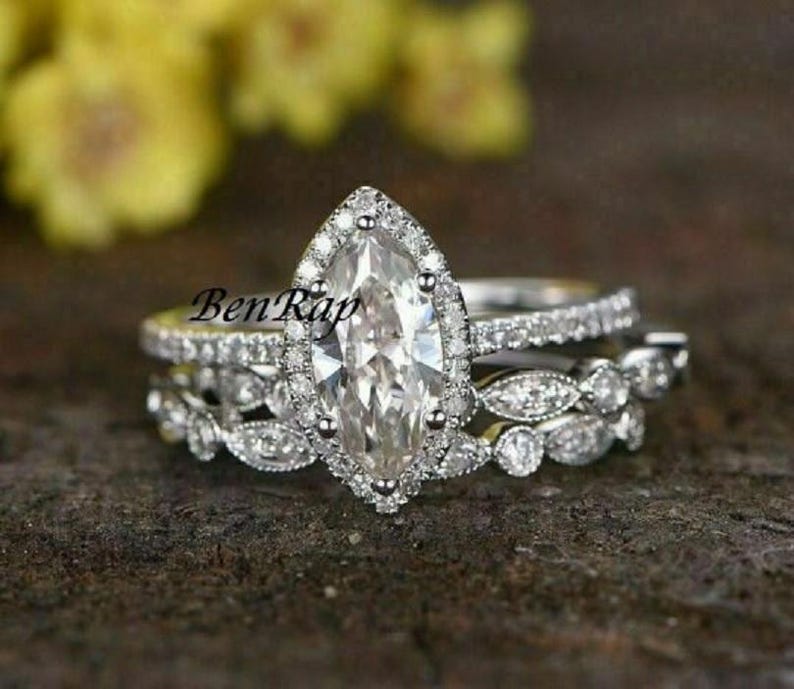 Bridal Ring Set — Marquise Cut Solitaire Moissanite, White Gold Finish, 925 Sterling Silver (2-Piece)