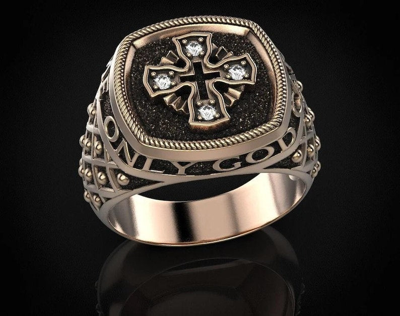 Men's Ring — Moissanite Cross, Yellow Gold Finish, 925 Sterling Silver