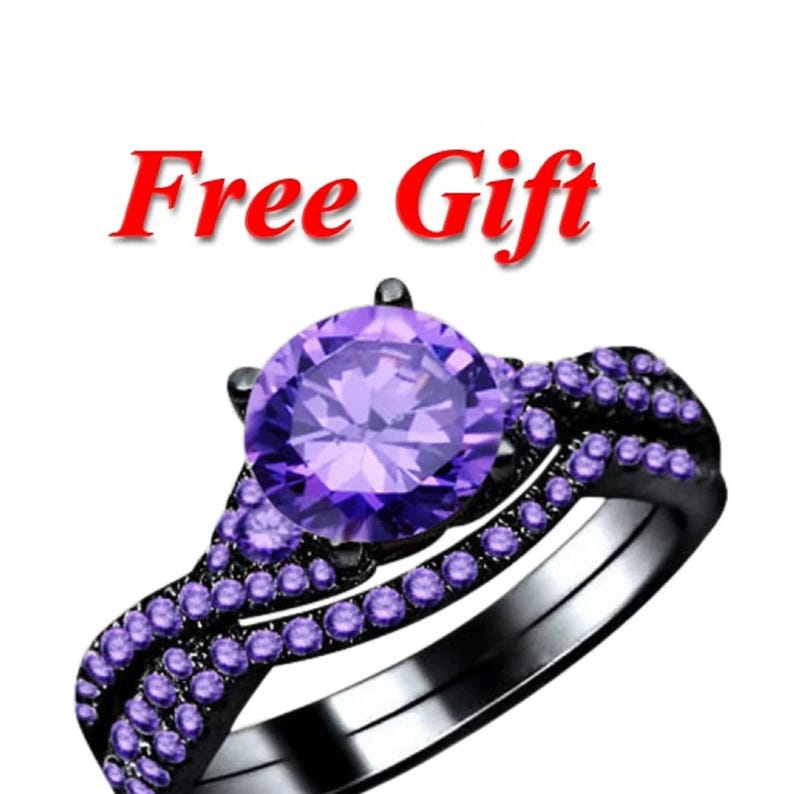 Bridal Ring Set — Purple Amethyst Round Cut, Black Gold Finish, 925 Sterling Silver (2-Piece)