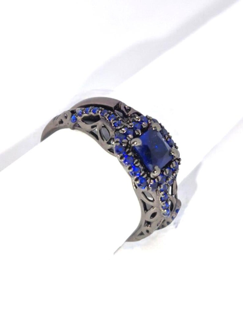 Bridal Ring Set — Princess Cut Blue Sapphire, Yellow Gold Finish, 925 Sterling Silver (2-Piece)