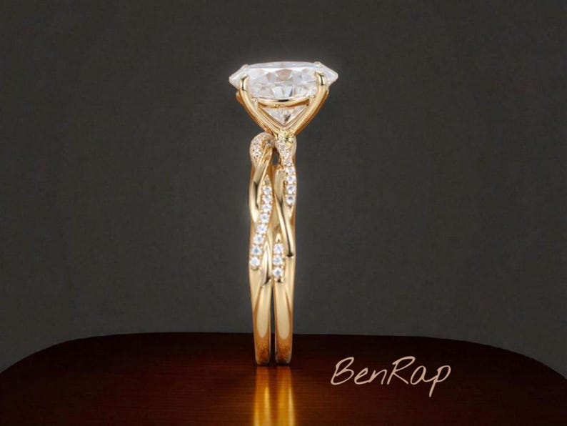 Bridal Ring Set — 2 Ct Oval Moissanite, Yellow Gold Finish, 925 Sterling Silver (2-Piece)