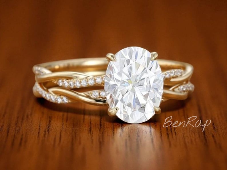 Bridal Ring Set — 2 Ct Oval Moissanite, Yellow Gold Finish, 925 Sterling Silver (2-Piece)