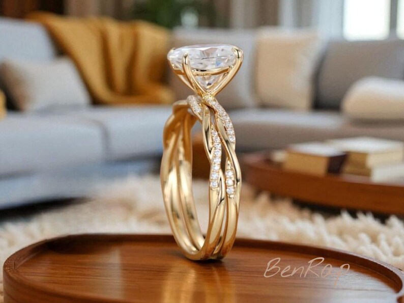 Bridal Ring Set — 2 Ct Oval Moissanite, Yellow Gold Finish, 925 Sterling Silver (2-Piece)