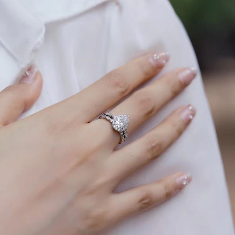 Bridal Ring Set — Pear Shape Moissanite, White Gold Finish, 925 Sterling Silver (2-Piece)