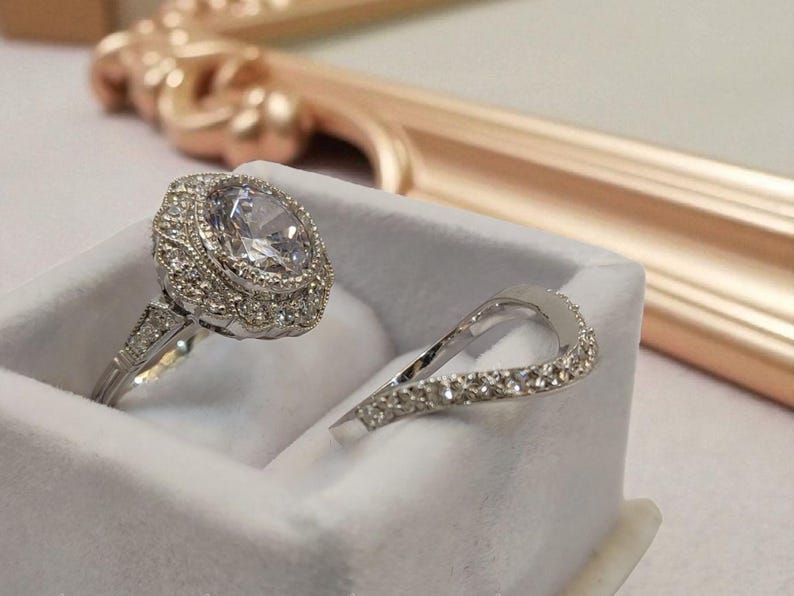 Bridal Ring Set — Vintage Round Moissanite, White Gold Finish, 925 Sterling Silver (2-Piece)