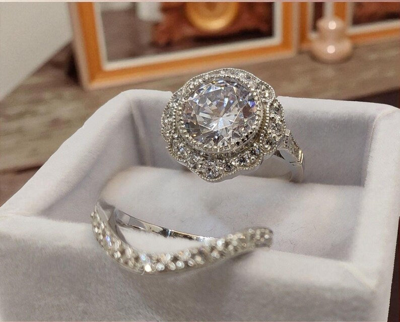 Bridal Ring Set — Vintage Round Moissanite, White Gold Finish, 925 Sterling Silver (2-Piece)