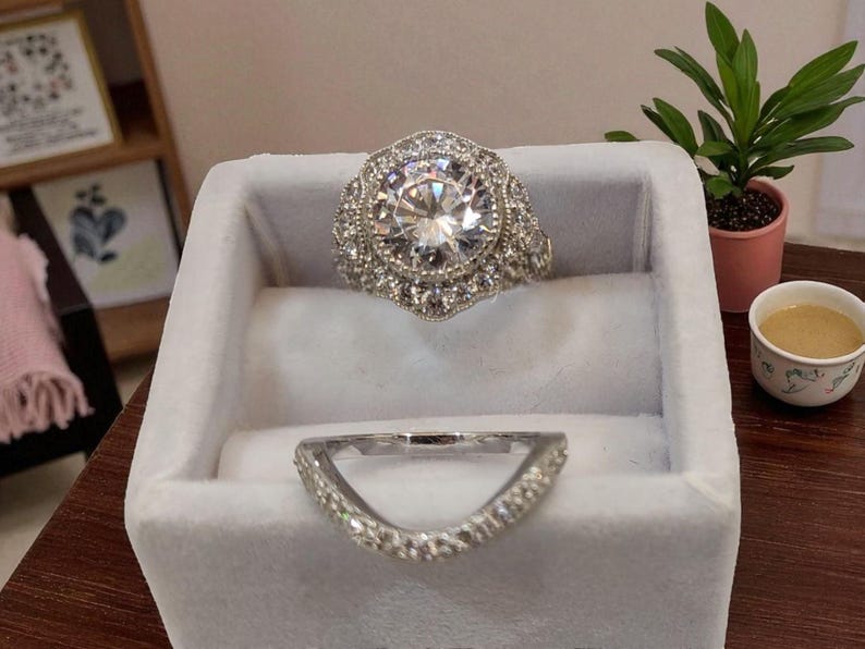 Bridal Ring Set — Vintage Round Moissanite, White Gold Finish, 925 Sterling Silver (2-Piece)