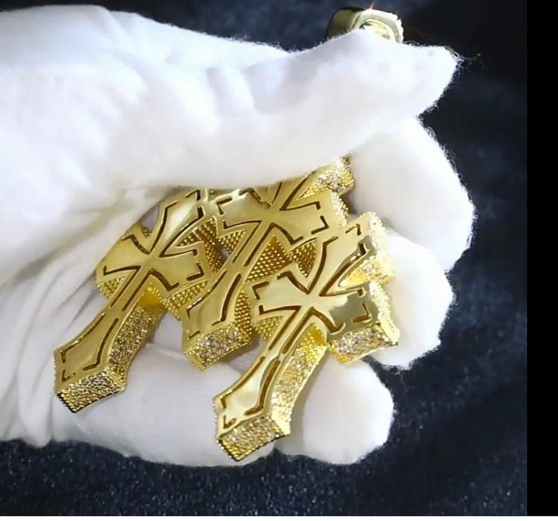 Hip Hop Pendant — Triple Cross Style, Yellow Gold Finish, 925 Sterling Silver