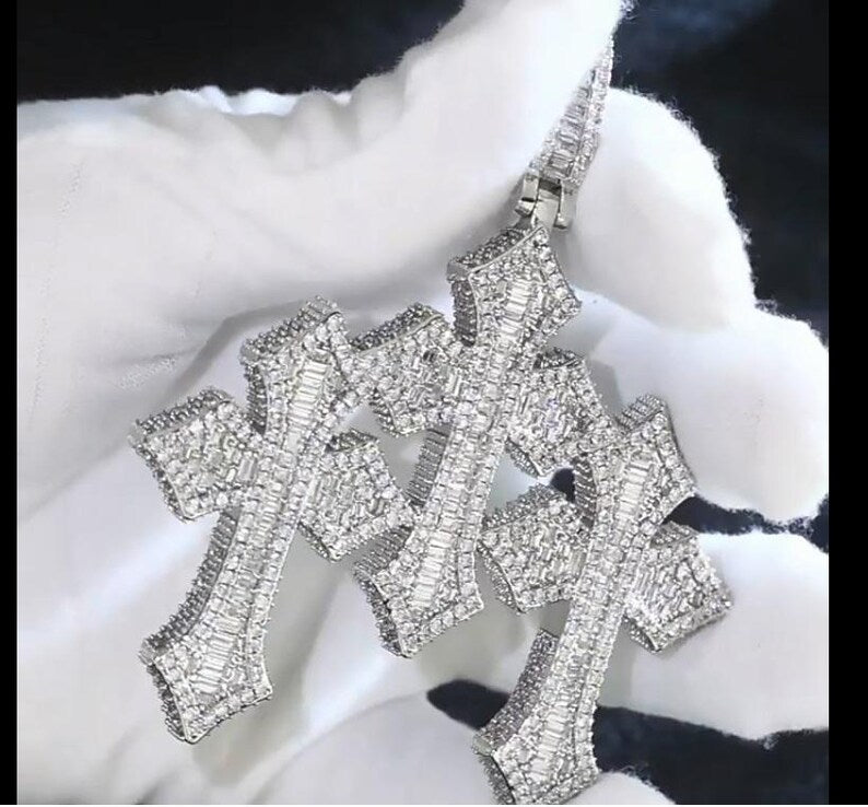 Hip Hop Pendant — Triple Cross Style, Yellow Gold Finish, 925 Sterling Silver