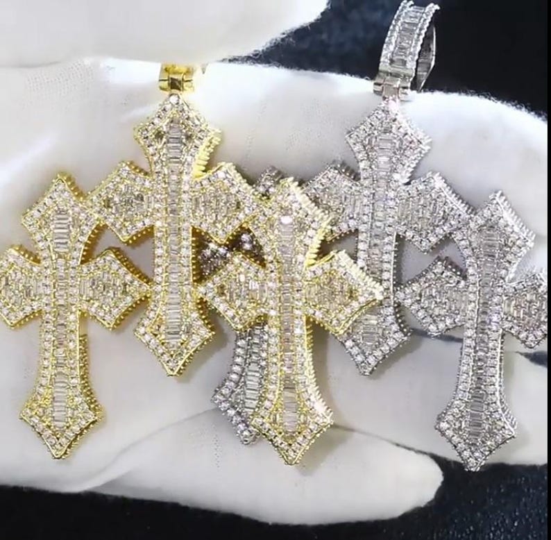 Hip Hop Pendant — Triple Cross Style, Yellow Gold Finish, 925 Sterling Silver