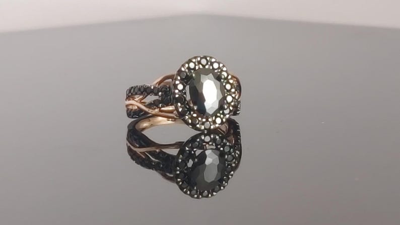 Bridal Ring Set — Oval Cut Black Diamond, Rose Gold Finish, 925 Sterling Silver (2-Piece)
