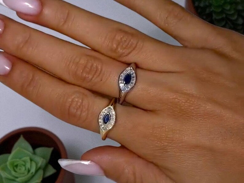 Bridal Ring Set — Evil Eye Baguette Marquise