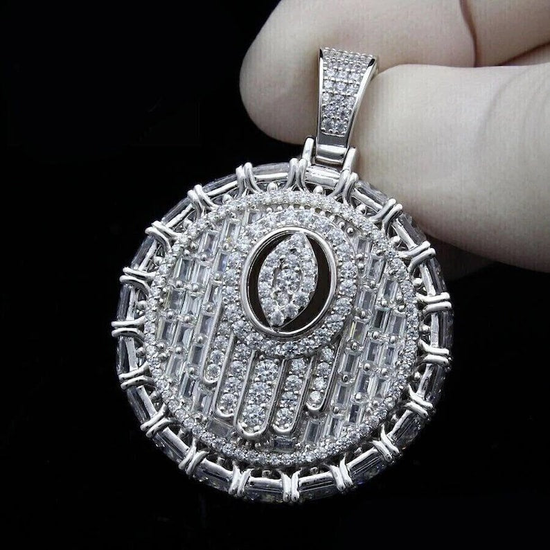 Hip Hop Pendant — Hamsa Hand Evil Eye, White Gold Finish, 925 Sterling Silver