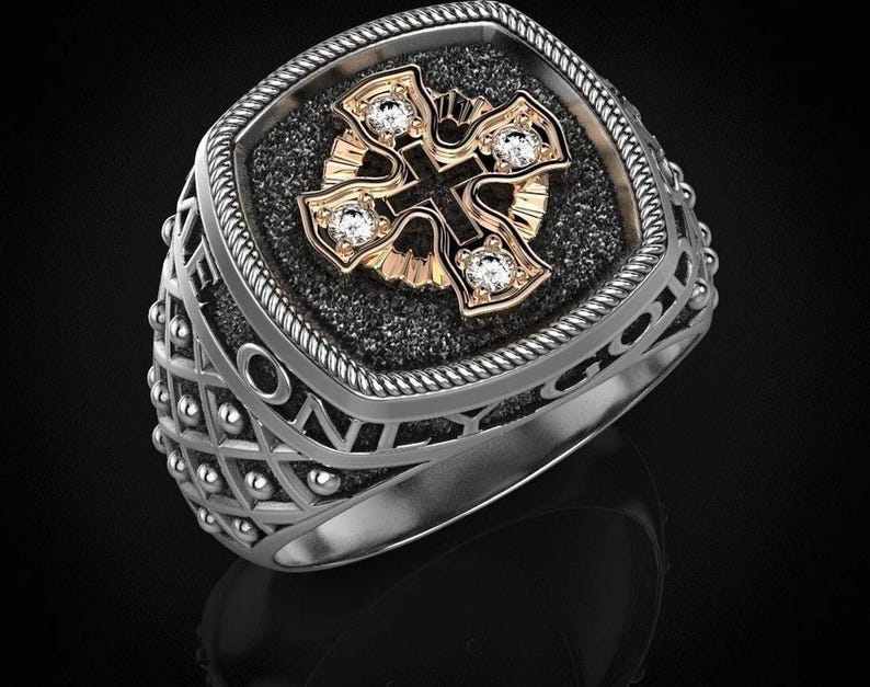 Men's Ring — Moissanite Cross, Yellow Gold Finish, 925 Sterling Silver