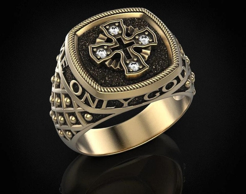 Men's Ring — Moissanite Cross, Yellow Gold Finish, 925 Sterling Silver