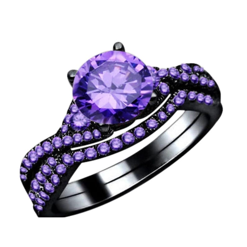 Bridal Ring Set — Purple Amethyst Round Cut, Black Gold Finish, 925 Sterling Silver (2-Piece)