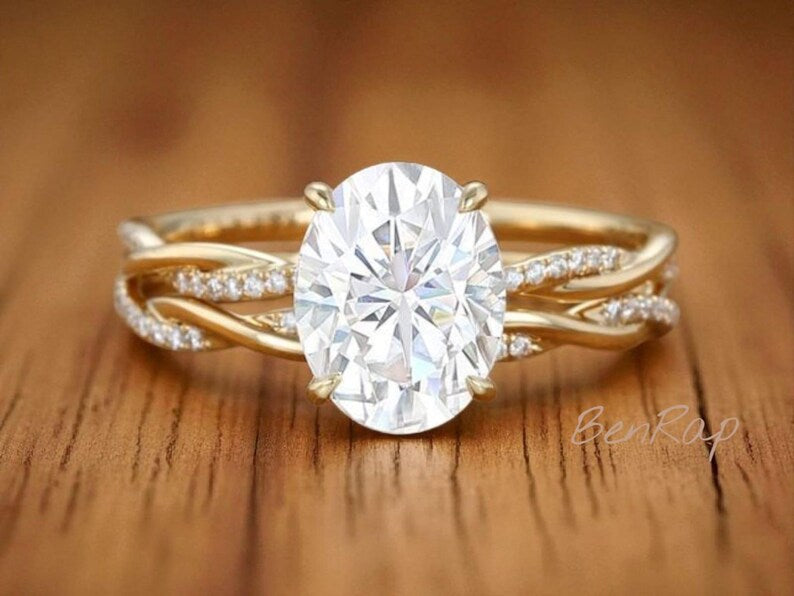 Bridal Ring Set — 2 Ct Oval Moissanite, Yellow Gold Finish, 925 Sterling Silver (2-Piece)