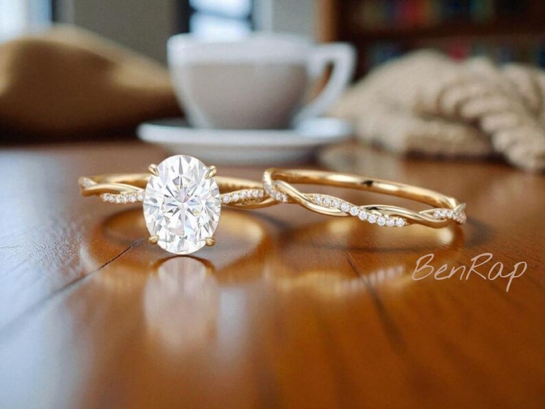Bridal Ring Set — 2 Ct Oval Moissanite, Yellow Gold Finish, 925 Sterling Silver (2-Piece)