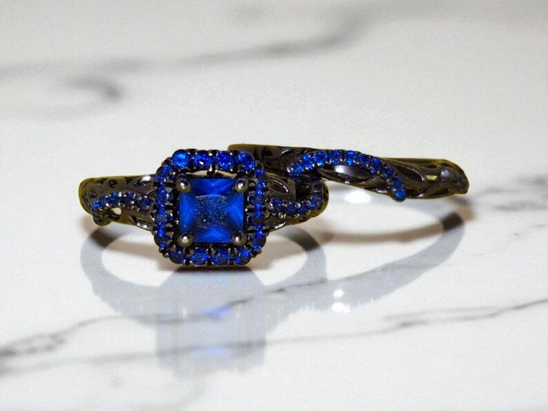 Bridal Ring Set — Princess Cut Blue Sapphire, Yellow Gold Finish, 925 Sterling Silver (2-Piece)