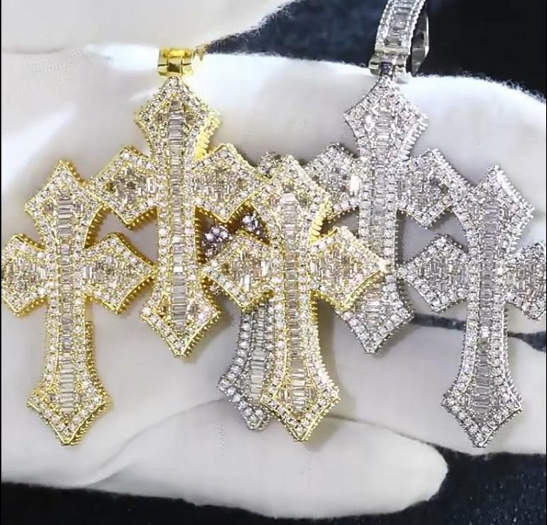Hip Hop Pendant — Triple Cross Style, Yellow Gold Finish, 925 Sterling Silver