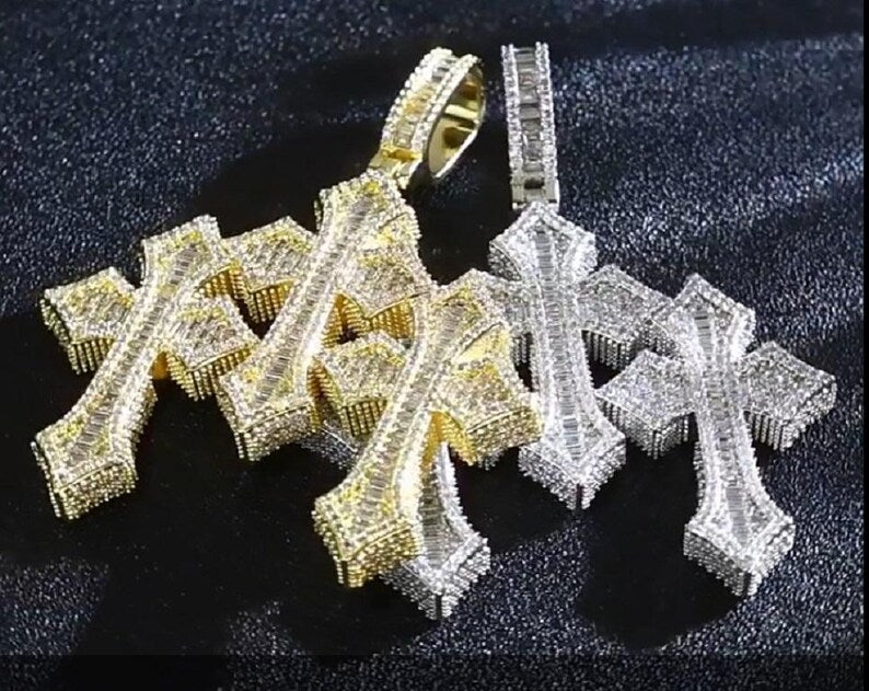 Hip Hop Pendant — Triple Cross Style, Yellow Gold Finish, 925 Sterling Silver