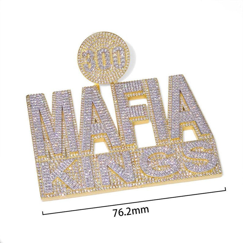 Hip Hop Pendant — "Mafia Kings" Gangster Logo, Yellow Gold Finish, 925 Sterling Silver
