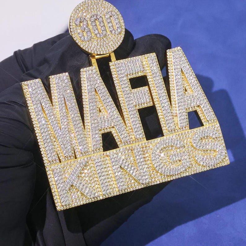Hip Hop Pendant — "Mafia Kings" Gangster Logo, Yellow Gold Finish, 925 Sterling Silver