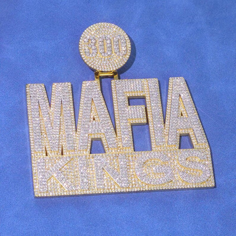 Hip Hop Pendant — "Mafia Kings" Gangster Logo, Yellow Gold Finish, 925 Sterling Silver