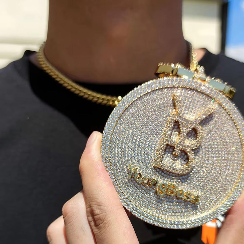 Hip Hop Pendant — "YB Young Boss" Letter Charm, Yellow Gold Finish, 925 Sterling Silver