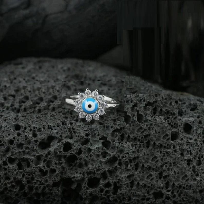 Toe Ring — Evil Eye Protection Charm, White Gold Finish, 925 Sterling Silver