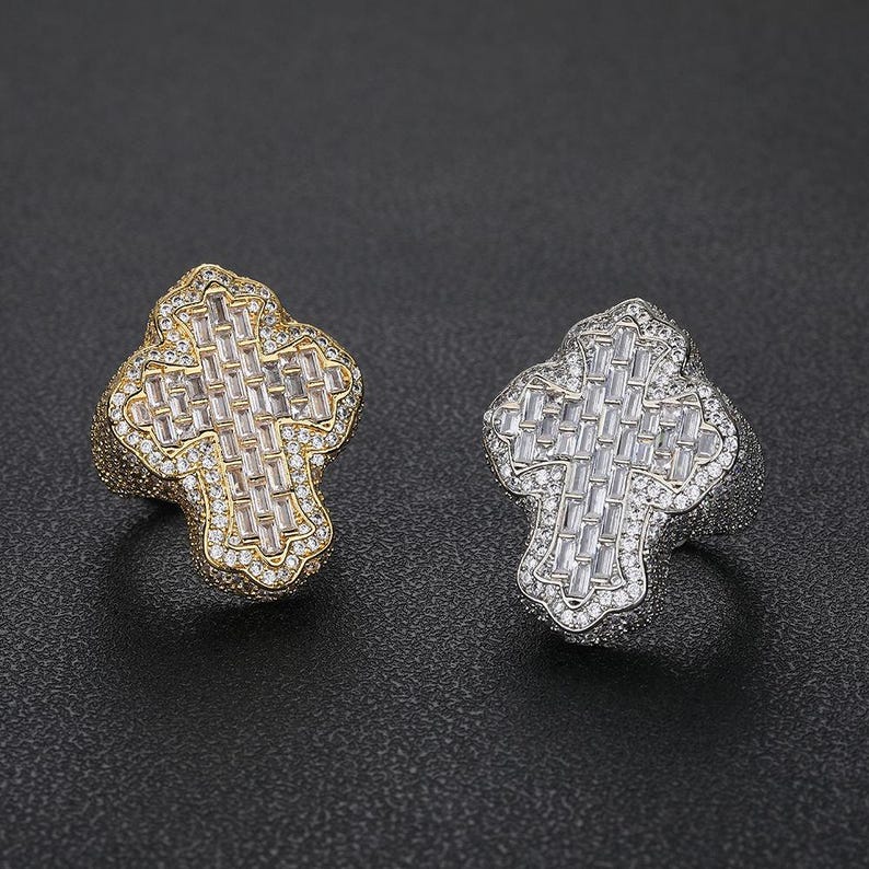 Men's Ring — Cross Hip Hop Design, White Gold Finish, 925 Sterling Silver