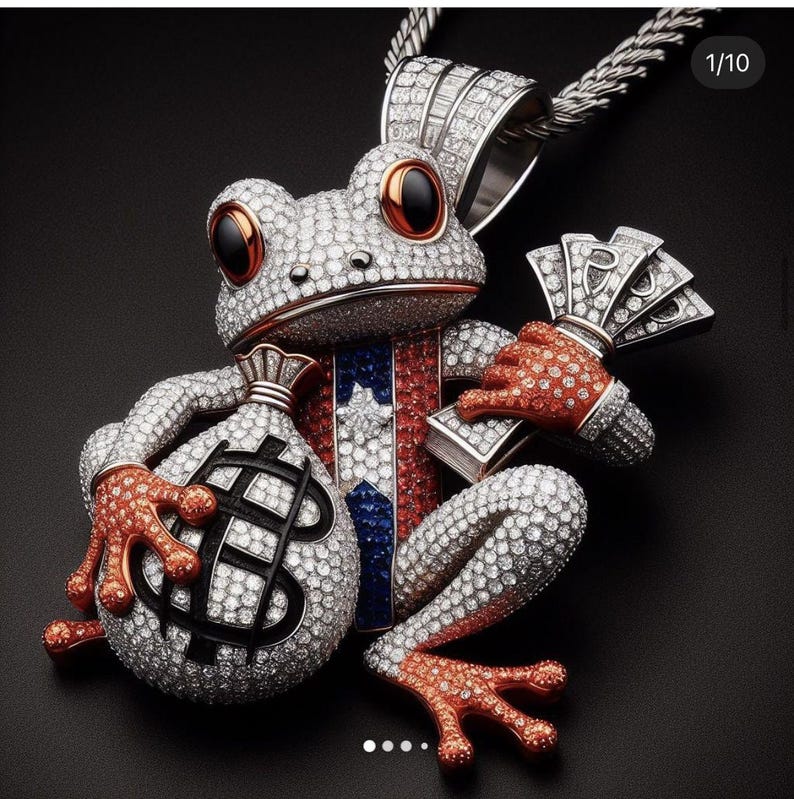 Hip Hop Pendant — Money Bag Frog Charm, Yellow Gold Finish, 925 Sterling Silver