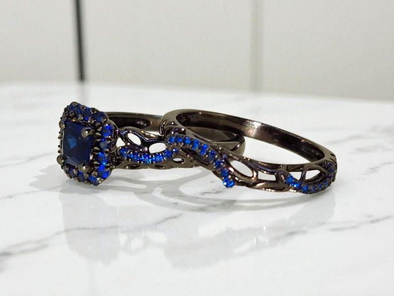 Bridal Ring Set — Princess Cut Blue Sapphire, Yellow Gold Finish, 925 Sterling Silver (2-Piece)