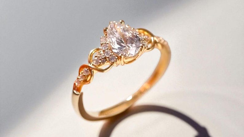 Bridal Ring Set — 2 Ct Pear Cut Nature-Inspired Floral Moissanite, Yellow Gold Finish, 925 Sterling Silver (2-Piece)