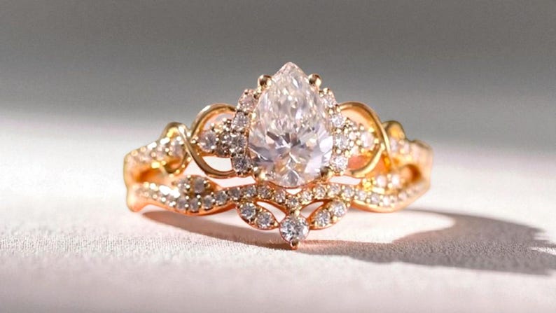 Bridal Ring Set — 2 Ct Pear Cut Nature-Inspired Floral Moissanite, Yellow Gold Finish, 925 Sterling Silver (2-Piece)