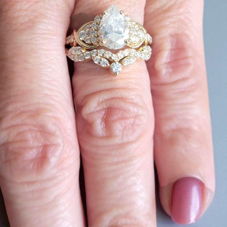 Bridal Ring Set — 2 Ct Pear Cut Nature-Inspired Floral Moissanite, Yellow Gold Finish, 925 Sterling Silver (2-Piece)