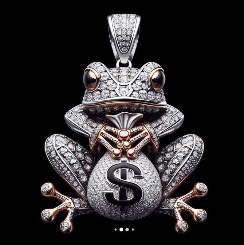 Hip Hop Pendant — Money Bag Frog Charm, Yellow Gold Finish, 925 Sterling Silver