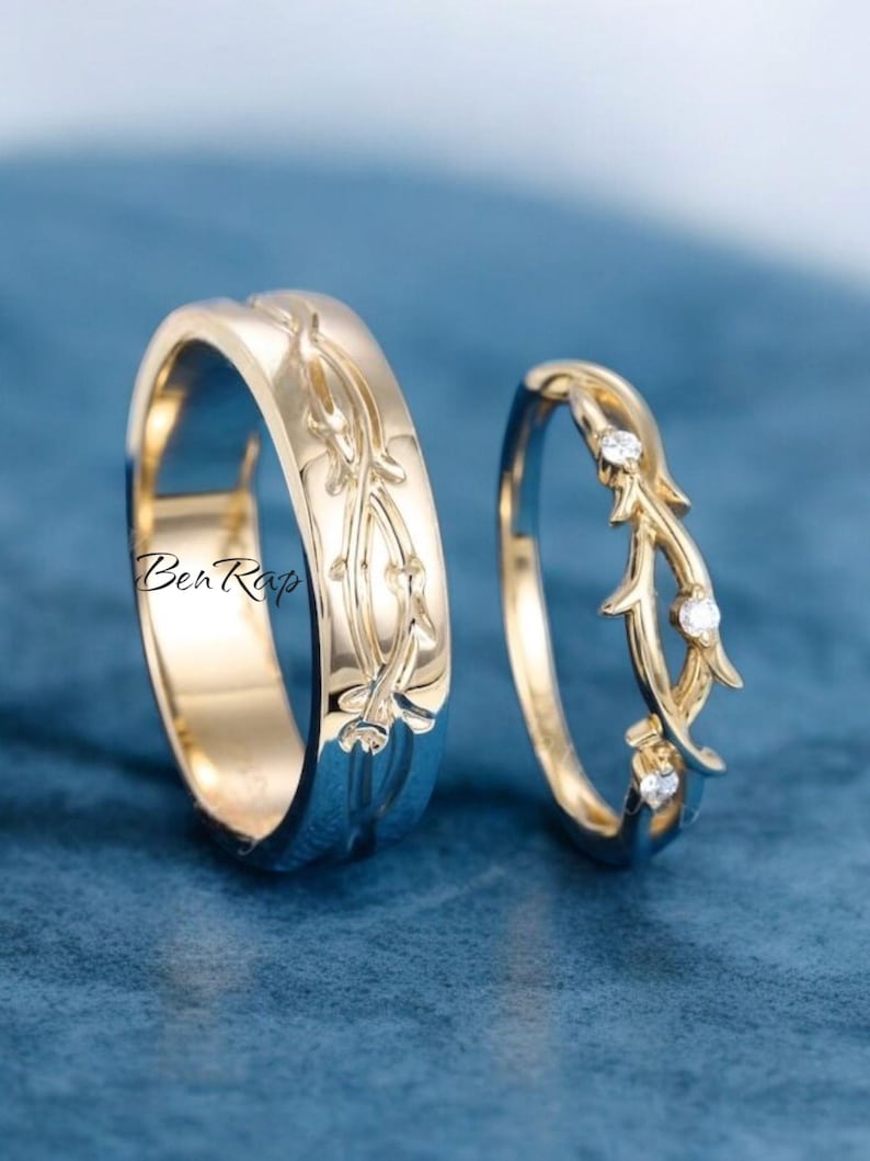 Bridal Trio Ring Set — Twig Design, Gold Finish, 925 Sterling Silver (3-Piece) - view 1