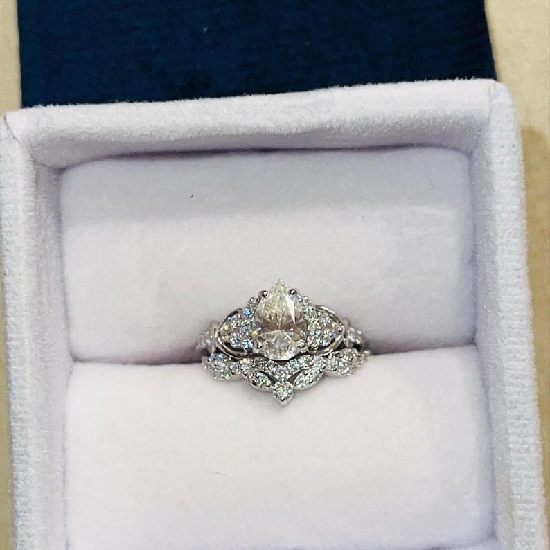 Bridal Ring Set — 2 Ct Pear Cut Nature-Inspired Floral Moissanite, Yellow Gold Finish, 925 Sterling Silver (2-Piece)