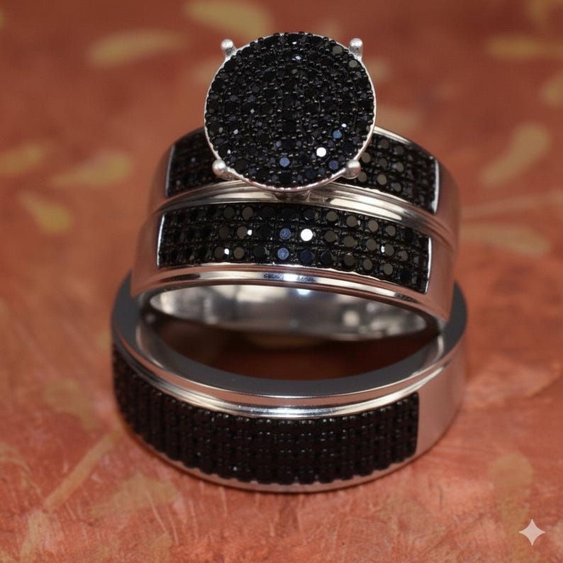 Bridal Trio Ring Set — Black CZ Round Cut, White Gold Finish - view 5