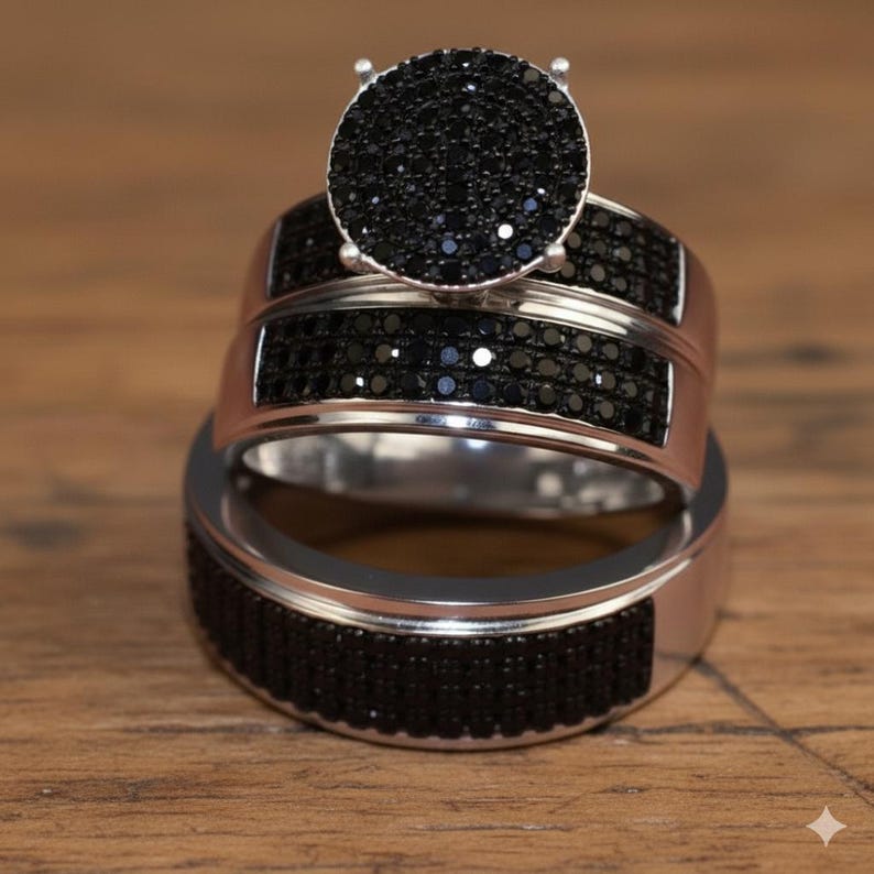 Bridal Trio Ring Set — Black CZ Round Cut, White Gold Finish - view 1