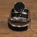 Bridal Trio Ring Set — Black CZ Round Cut, White Gold Finish - view 1