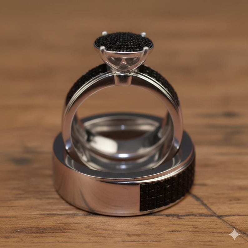 Bridal Trio Ring Set — Black CZ Round Cut, White Gold Finish - view 4